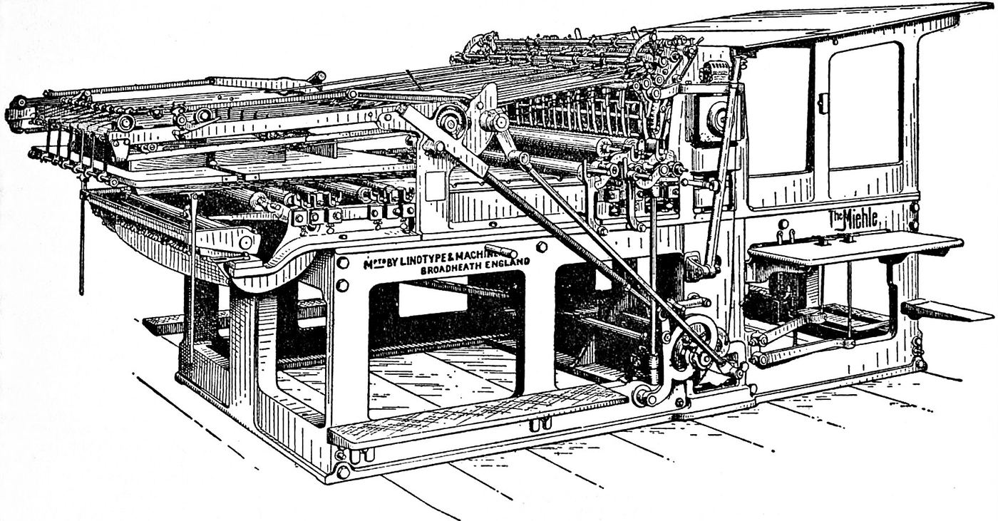 A 1911 encyclopaedia plate of a Miehle two-revolution cylinder printing press.
