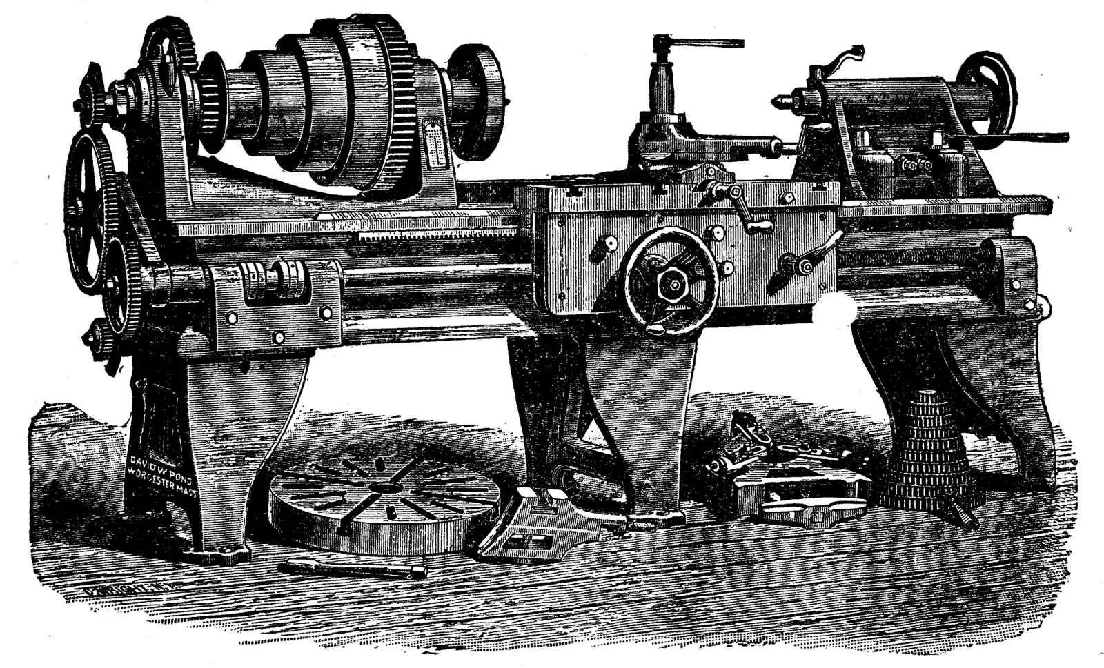 Grabado de un torno para trabajar metal.